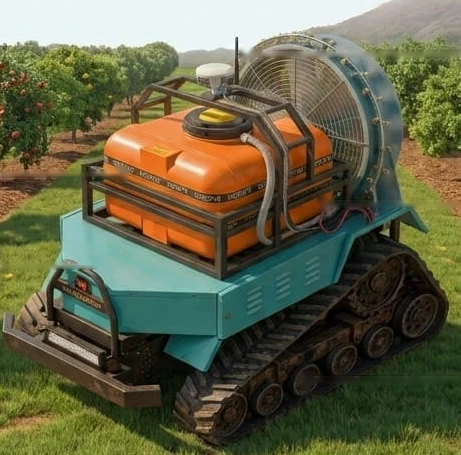 Concept visual of a Farm Sathi tracked electric robotic tractor with a spray tank and fan blower in an orchard